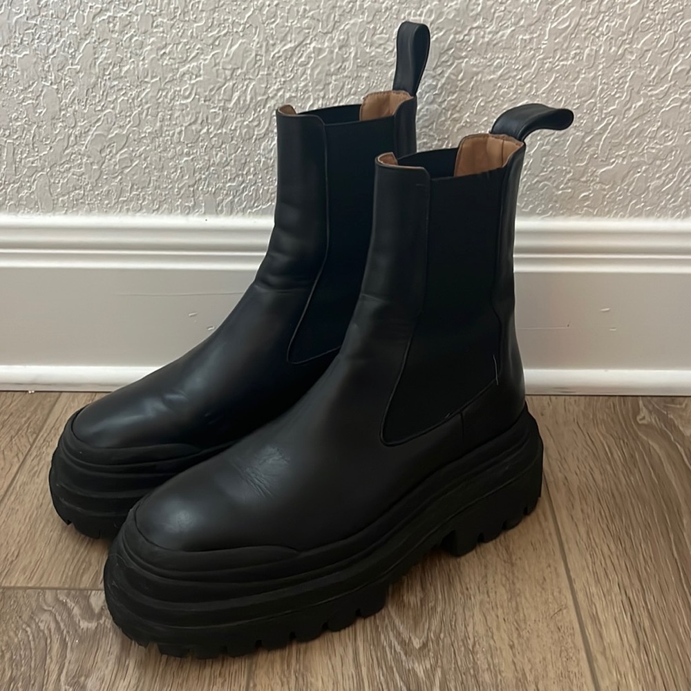 Zara black leather lug sole boots